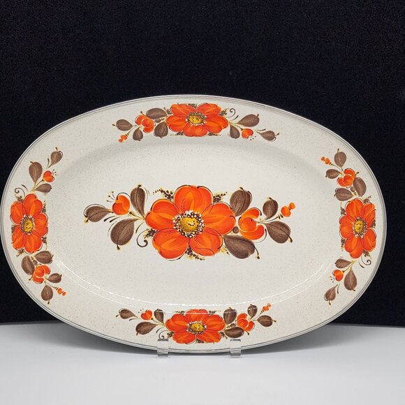Vintage Showpans Sanko Ware Japan Oval Serving Platter With Orange Floral Design - Picture 1 of 10